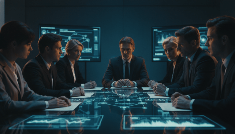 Equipo de directivos y expertos en ciberseguridad realizando un ejercicio de mesa o Tabletop Exercise para la gestión de crisis empresariales.