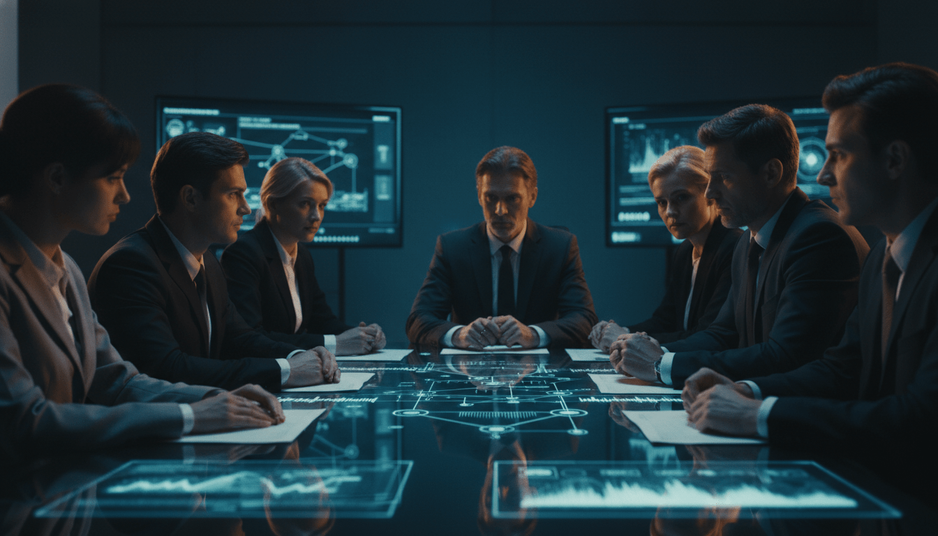 Equipo de directivos y expertos en ciberseguridad realizando un ejercicio de mesa o Tabletop Exercise para la gestión de crisis empresariales.