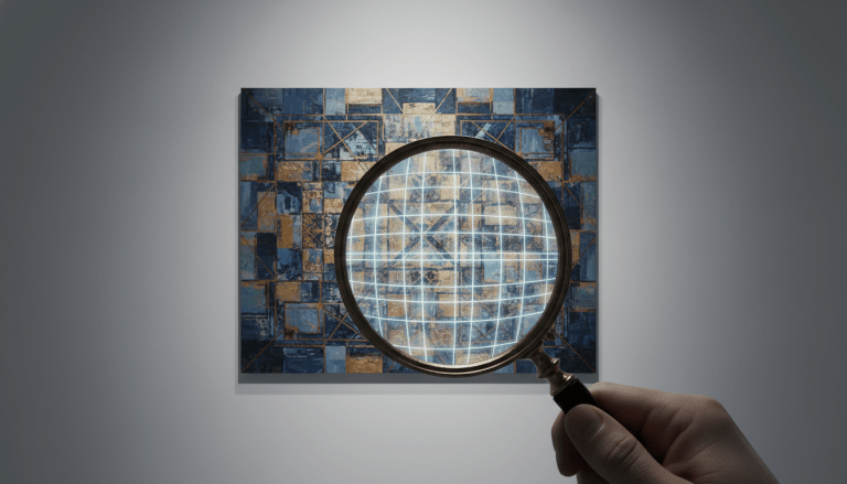 Concepto visual de esteganografía con lupa revelando datos digitales ocultos en un cuadro abstracto