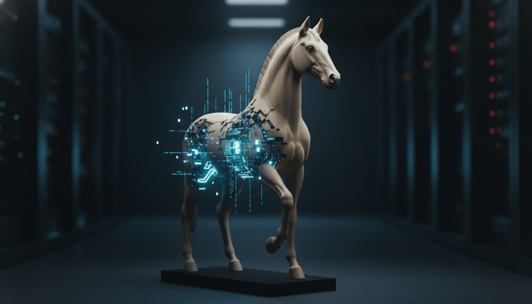 Caballo de madera tecnologico con circuitos internos representando el peligro de las actualizaciones de software infectadas
