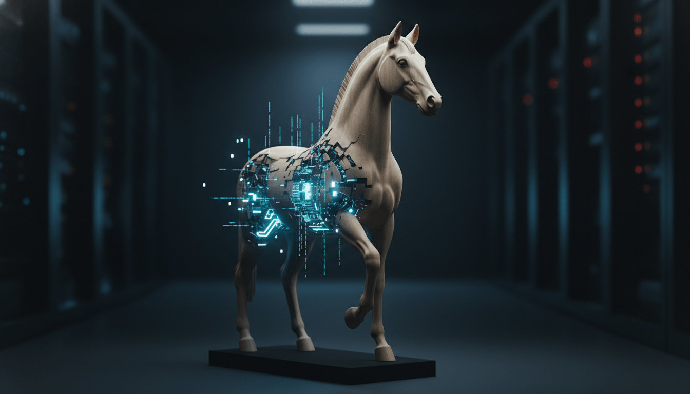 Caballo de madera tecnologico con circuitos internos representando el peligro de las actualizaciones de software infectadas