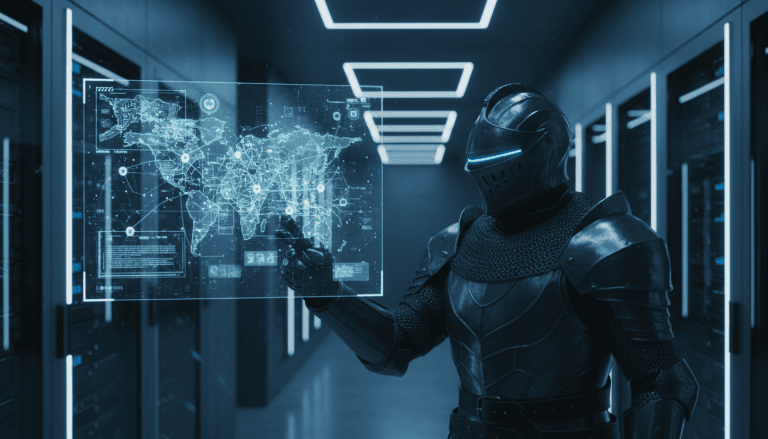 Caballero futurista analizando un mapa de red digital de alta tecnologia en un centro de datos