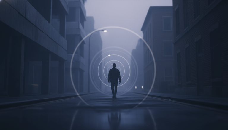 Persona solitaria caminando en una ciudad oscura representando seguridad personal y gestion de riesgos