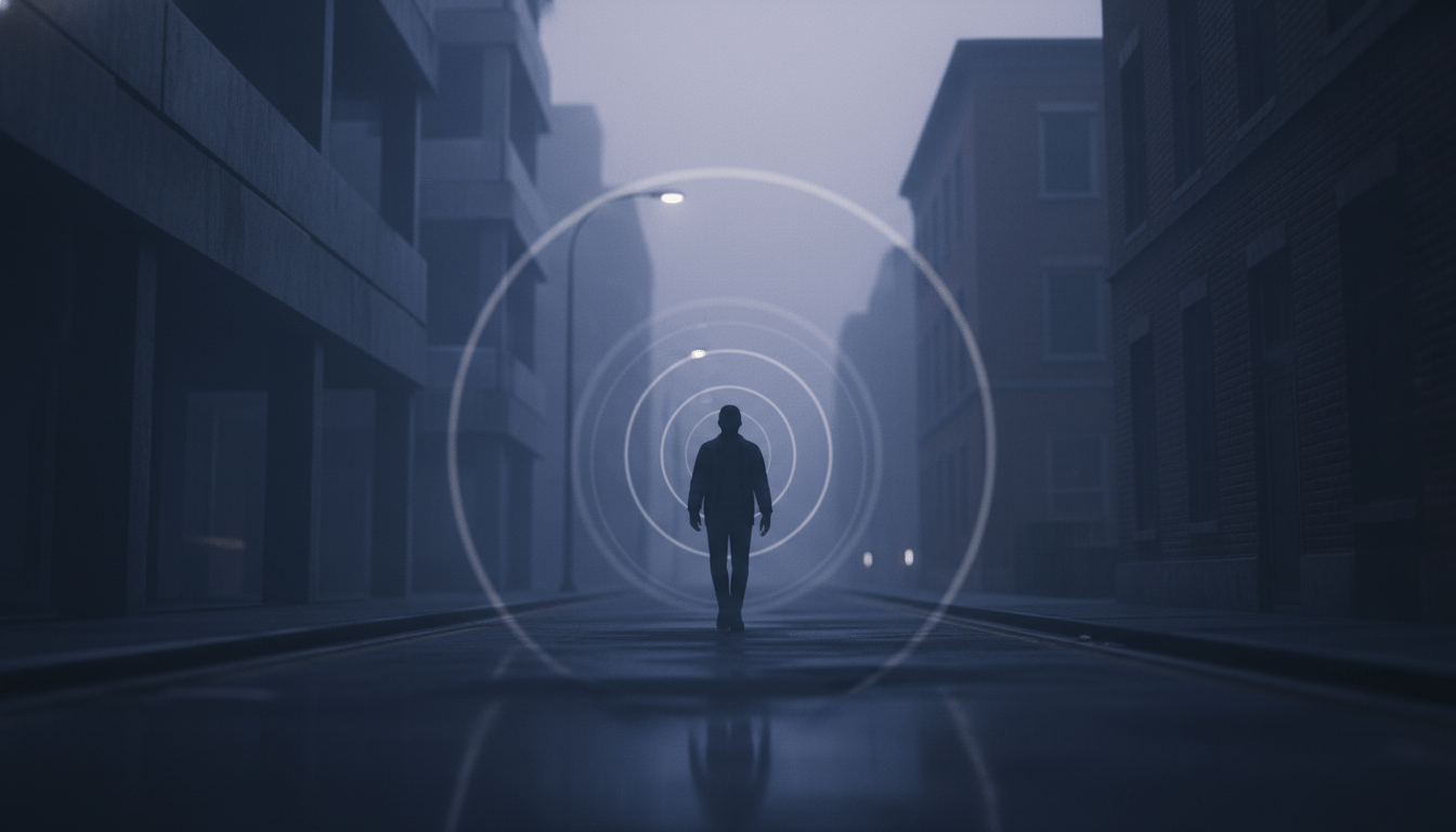 Persona solitaria caminando en una ciudad oscura representando seguridad personal y gestion de riesgos