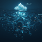 Representacion conceptual de Shadow IT con un iceberg digital mostrando infraestructura tecnologica oculta bajo el agua