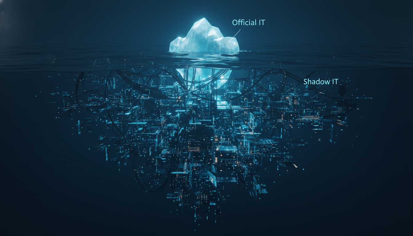 Representacion conceptual de Shadow IT con un iceberg digital mostrando infraestructura tecnologica oculta bajo el agua