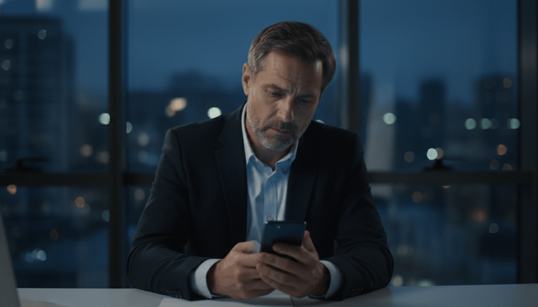 Empresario estresado de empresa de seguridad vigilando alertas de madrugada en su telefono