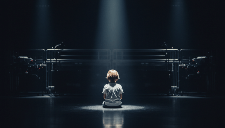Niño bajo un foco en un escenario vacío representando el peso de la fama infantil y la vulnerabilidad.