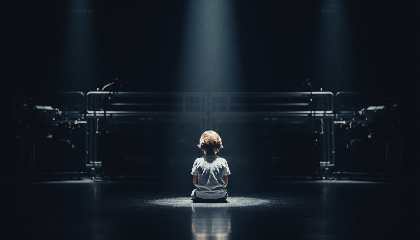 Niño bajo un foco en un escenario vacío representando el peso de la fama infantil y la vulnerabilidad.