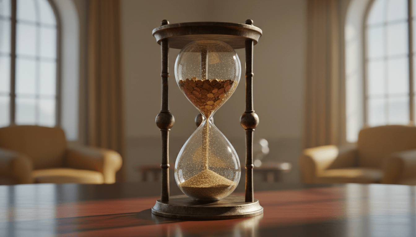 Reloj de arena con monedas de oro simbolizando la erosión del patrimonio familiar y la gestión de la riqueza a largo plazo.