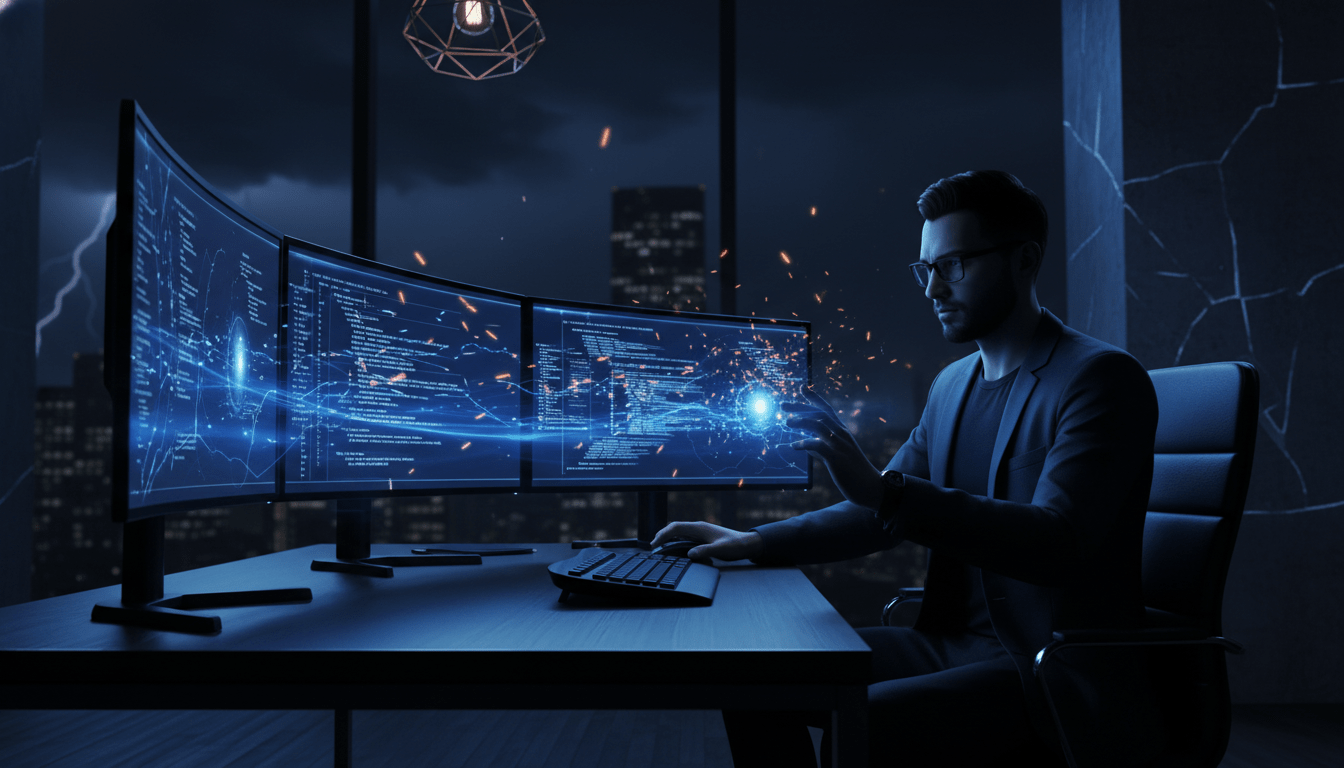 Empleado de oficina frente a una computadora con efectos visuales digitales representando riesgos de IA y seguridad informatica.