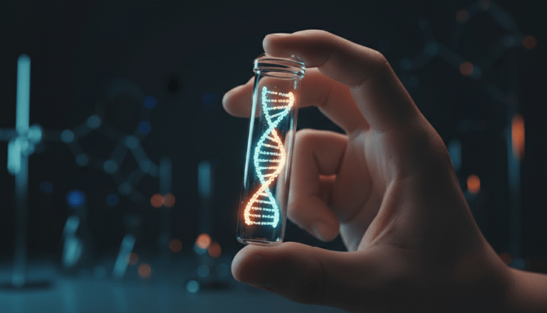 Mano sosteniendo una molécula de ADN brillante como representación de la privacidad genética y riesgos de datos biológicos.