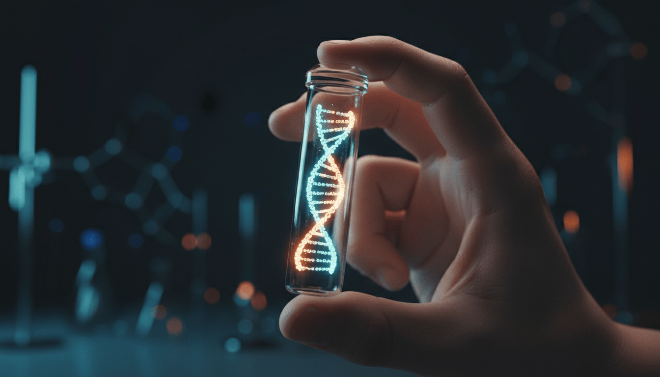 Mano sosteniendo una molécula de ADN brillante como representación de la privacidad genética y riesgos de datos biológicos.