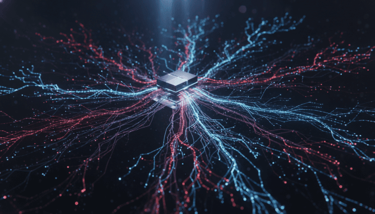 Infraestructura de software compleja con cables digitales simbolizando vulnerabilidades en la cadena de suministro