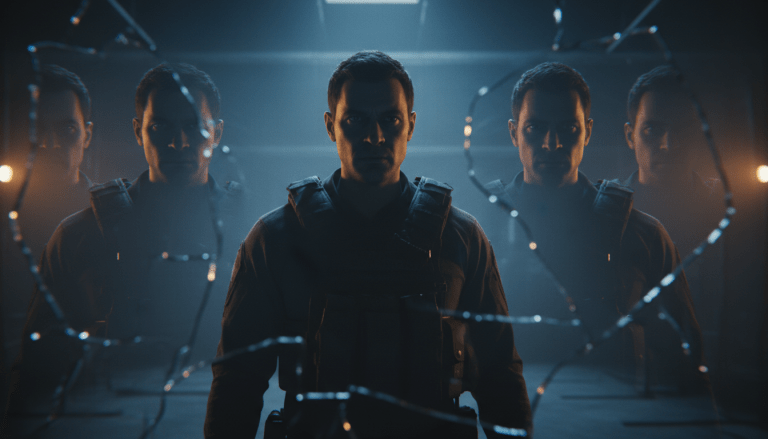 Escolta de seguridad profesional analizando el entorno mediante técnicas de engaño táctico y gestión de percepción.