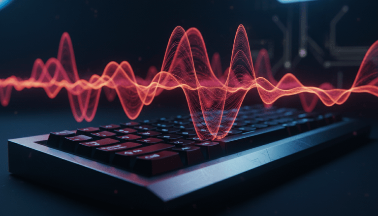 Visualización artística de ondas de radio emanando de un teclado como vulnerabilidad de seguridad TEMPEST