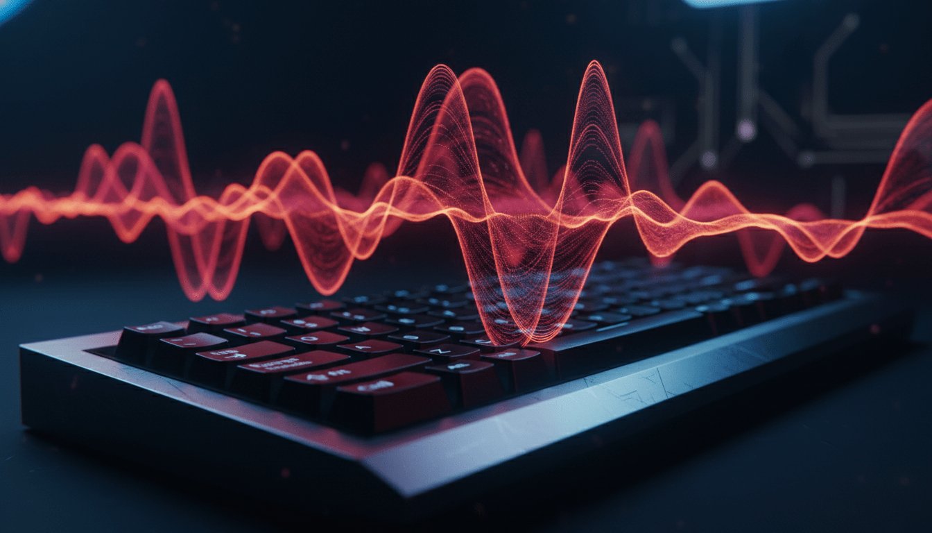Visualización artística de ondas de radio emanando de un teclado como vulnerabilidad de seguridad TEMPEST