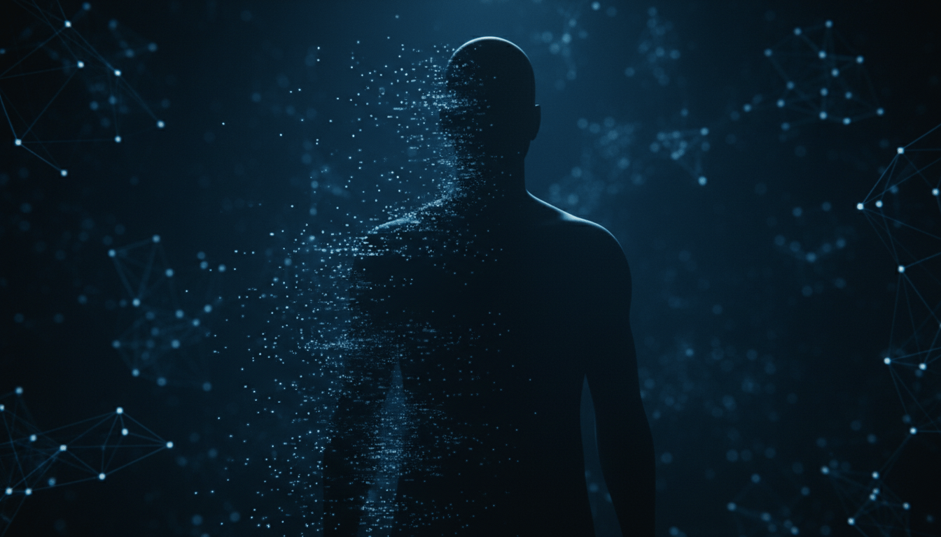 Persona desvaneciéndose en una red de datos digitales representando la privacidad y la eliminación de la identidad en línea.
