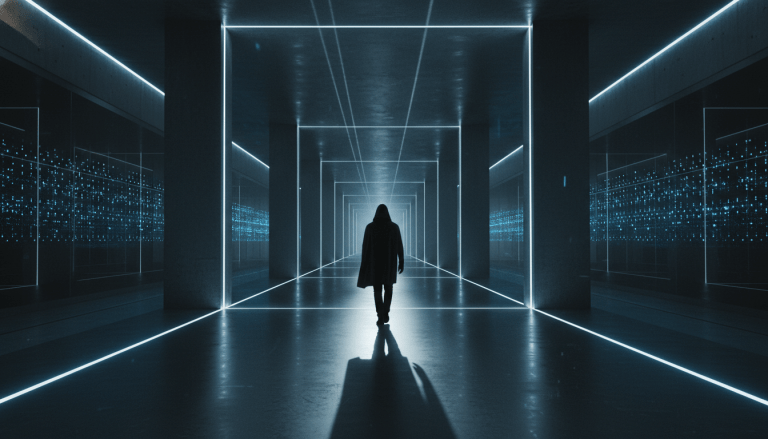 Concepto visual que representa la vigilancia digital, el panoptico moderno y el equilibrio entre seguridad y libertad personal.