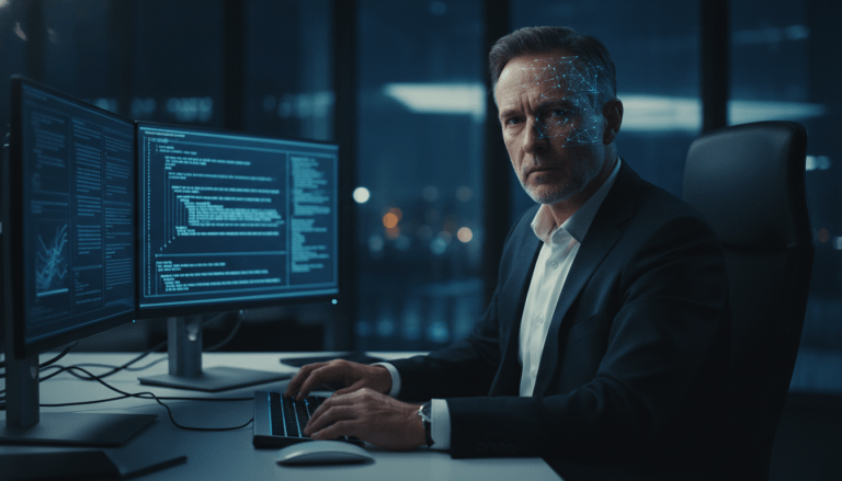 Ejecutivo de negocios frente a pantallas digitales representando la vulnerabilidad humana ante ataques de ingenieria social y ciberseguridad.