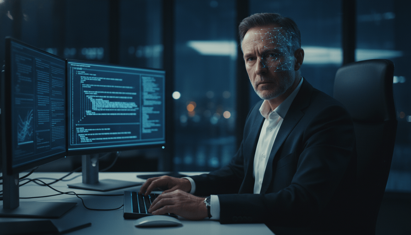 Ejecutivo de negocios frente a pantallas digitales representando la vulnerabilidad humana ante ataques de ingenieria social y ciberseguridad.
