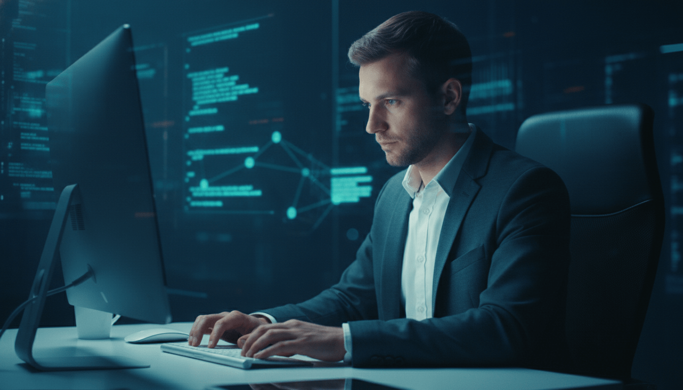 Profesional trabajando de forma remota en un entorno ciberseguro analizando amenazas digitales.