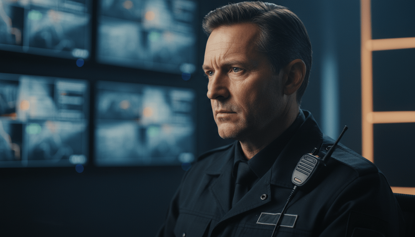 Guardia de seguridad profesional en un centro de control analizando pantallas de alta tecnología