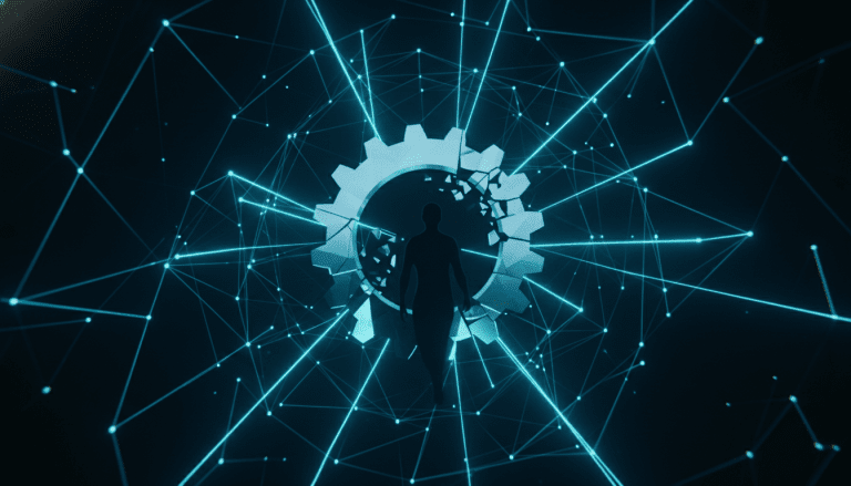 Concepto visual de ciberseguridad mostrando una brecha en la red y la vulnerabilidad de la cadena de suministro de software.