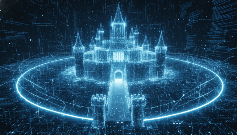 Representacion conceptual de un firewall de red como una fortaleza digital que protege una casa inteligente.