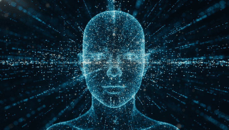 Representación abstracta de biometría descentralizada y seguridad digital con partículas de luz