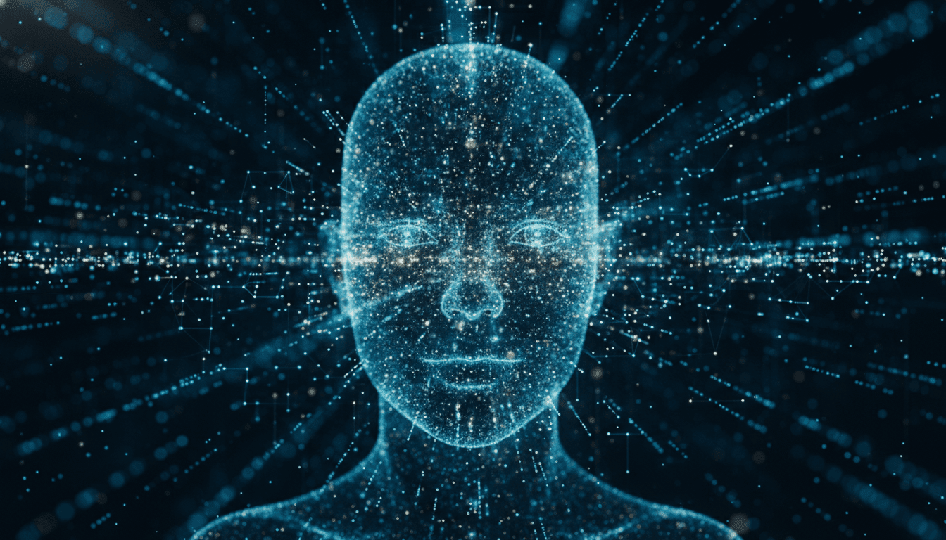 Representación abstracta de biometría descentralizada y seguridad digital con partículas de luz