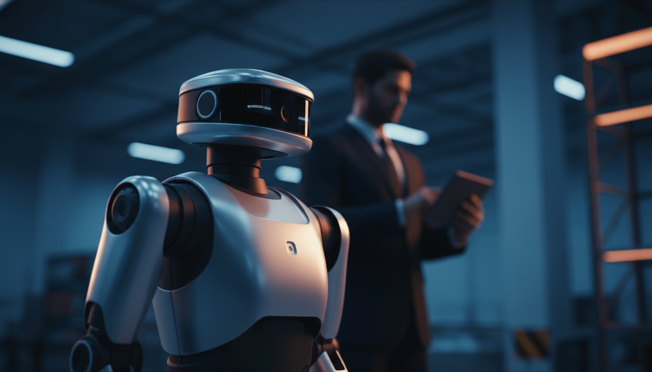 Robot de vigilancia autónoma patrullando un centro logístico junto a un guardia de seguridad humano, concepto de seguridad híbrida con IA.