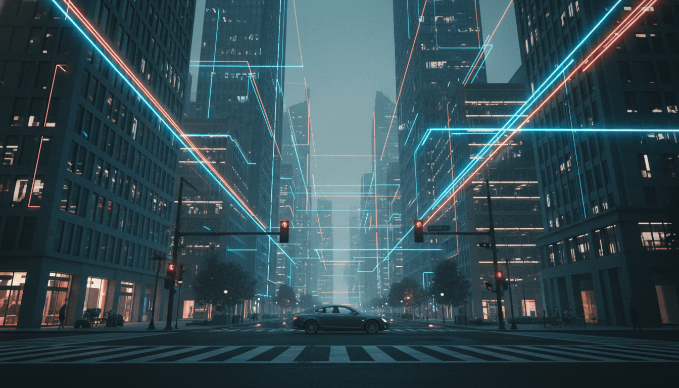 Vista nocturna de una ciudad inteligente hiperconectada con tecnología IoT y semáforos digitales inteligentes.