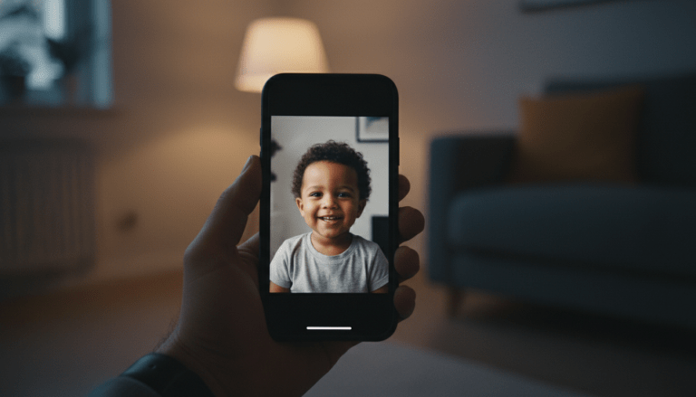 Mano sosteniendo un smartphone capturando una foto de un niño, representando el fenomeno del sharenting y la privacidad digital infantil.