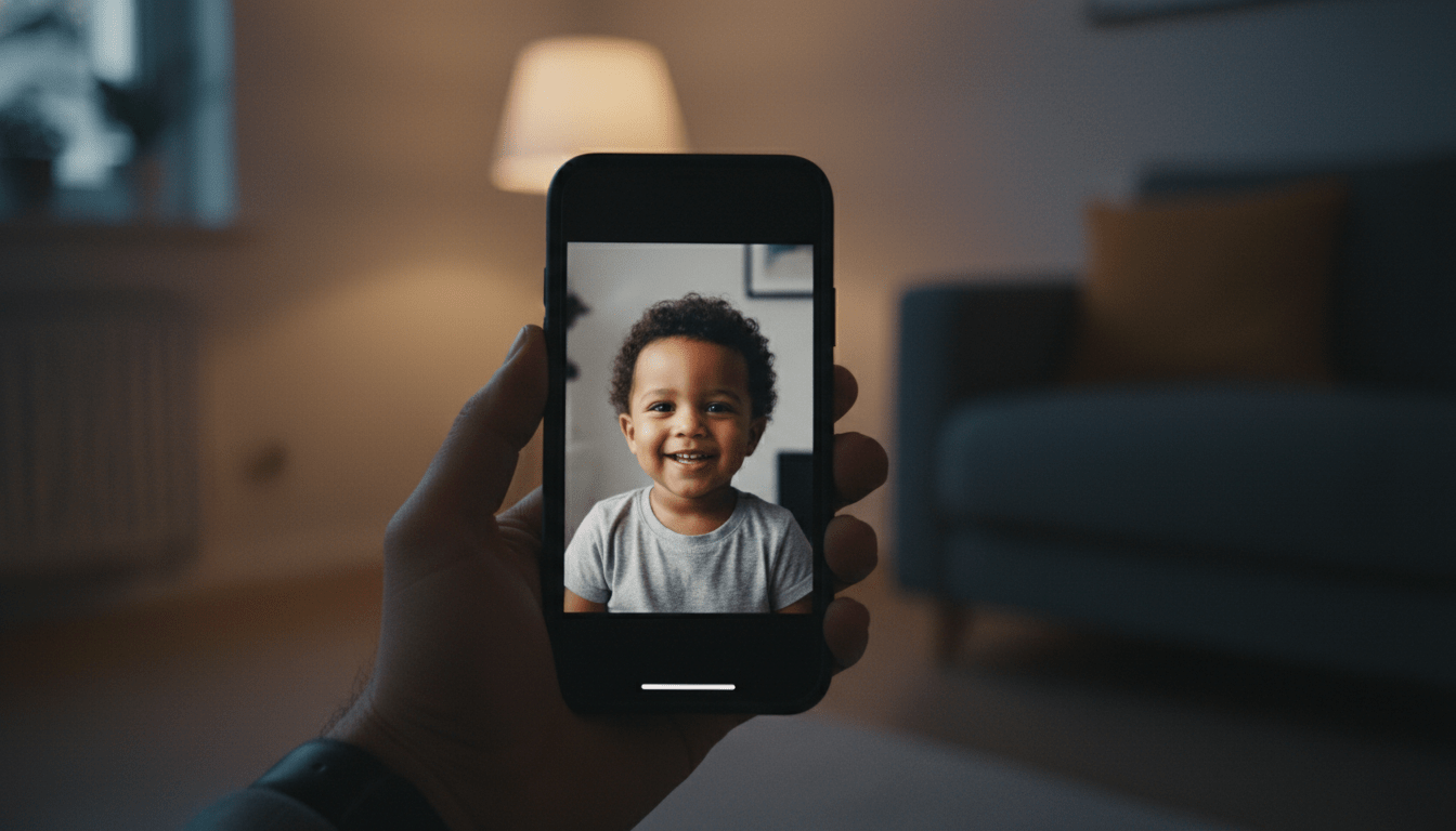 Mano sosteniendo un smartphone capturando una foto de un niño, representando el fenomeno del sharenting y la privacidad digital infantil.