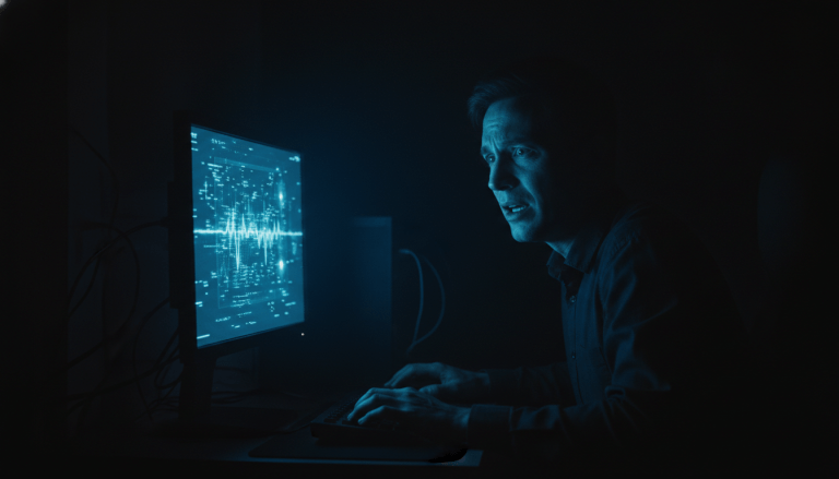 Persona angustiada frente a una pantalla de ordenador con un fallo critico de seguridad informatica