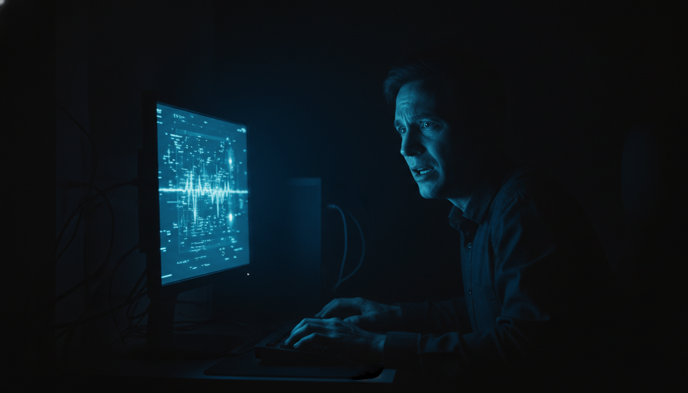 Persona angustiada frente a una pantalla de ordenador con un fallo critico de seguridad informatica