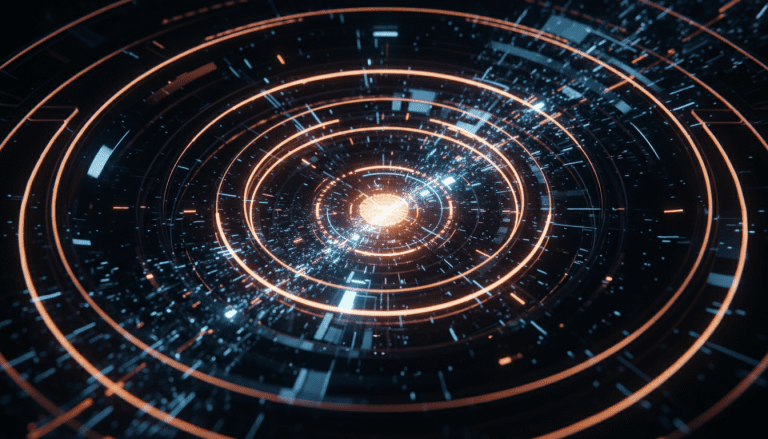 Representación abstracta de ingeniería inversa de malware con estructuras digitales complejas y luces brillantes en un entorno oscuro.
