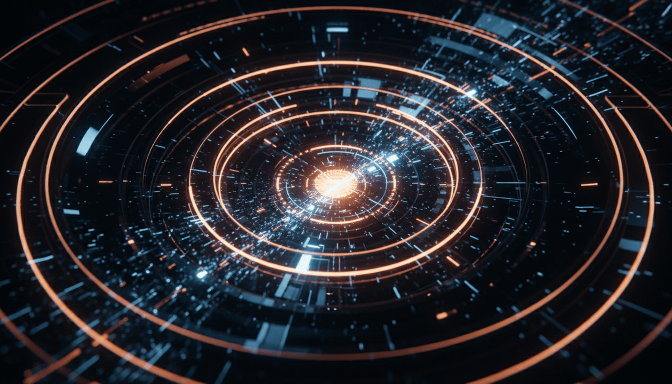 Representación abstracta de ingeniería inversa de malware con estructuras digitales complejas y luces brillantes en un entorno oscuro.