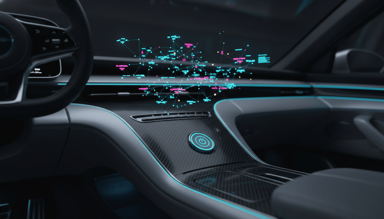 Interior de un coche moderno conectado a una red digital de datos, concepto de ciberseguridad automotriz.