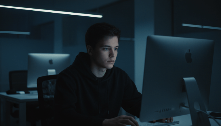 Activista trabajando en un entorno digital seguro con iluminación dramática y atmósfera de seguridad holística.