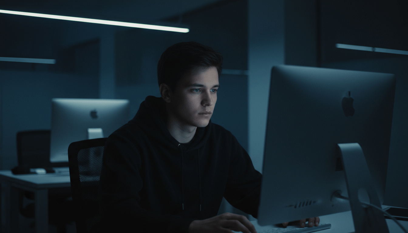 Activista trabajando en un entorno digital seguro con iluminación dramática y atmósfera de seguridad holística.