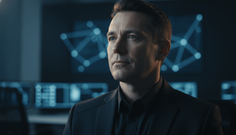 Profesional de seguridad moderna con actitud reflexiva y empática en un centro de control