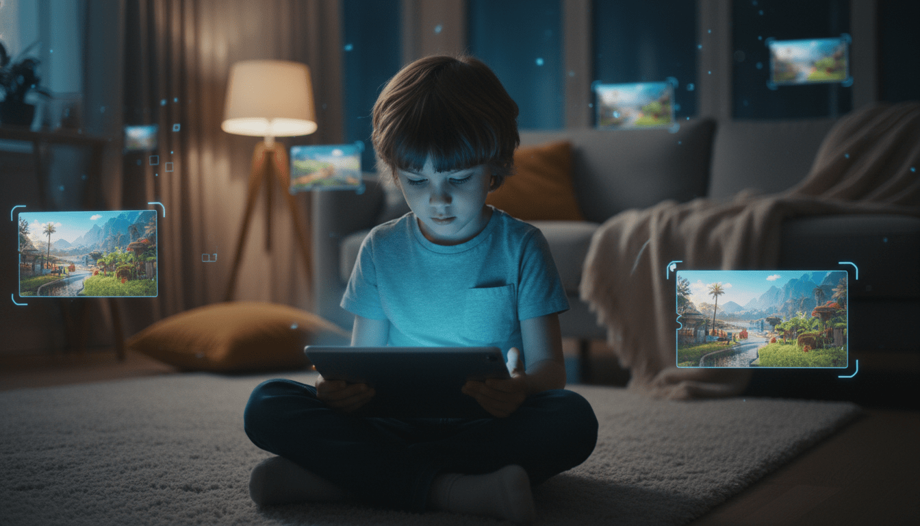 Niño inmerso en un mundo virtual digital usando una tablet en casa