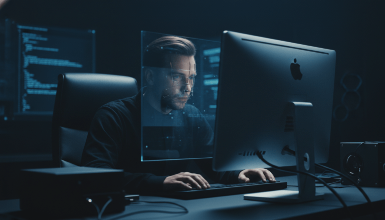 Persona frente a una pantalla de ordenador en la oscuridad representando perfiles falsos y riesgos de seguridad digital.