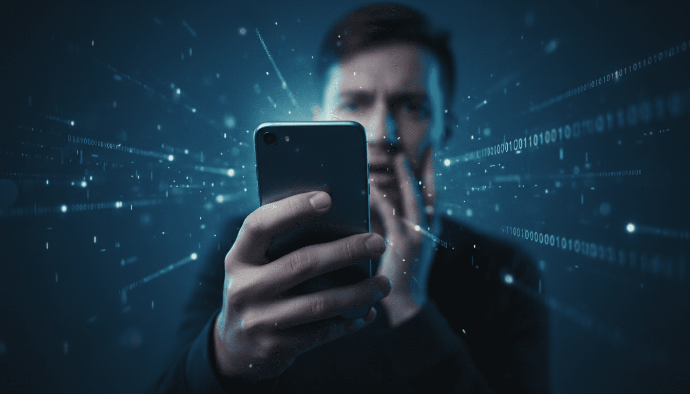 Persona preocupada sosteniendo un smartphone en la oscuridad simbolizando riesgos de seguridad en mensajería instantánea.