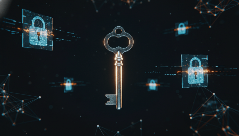 Concepto visual de seguridad digital y riesgo de hackeo con una llave maestra y nodos de red