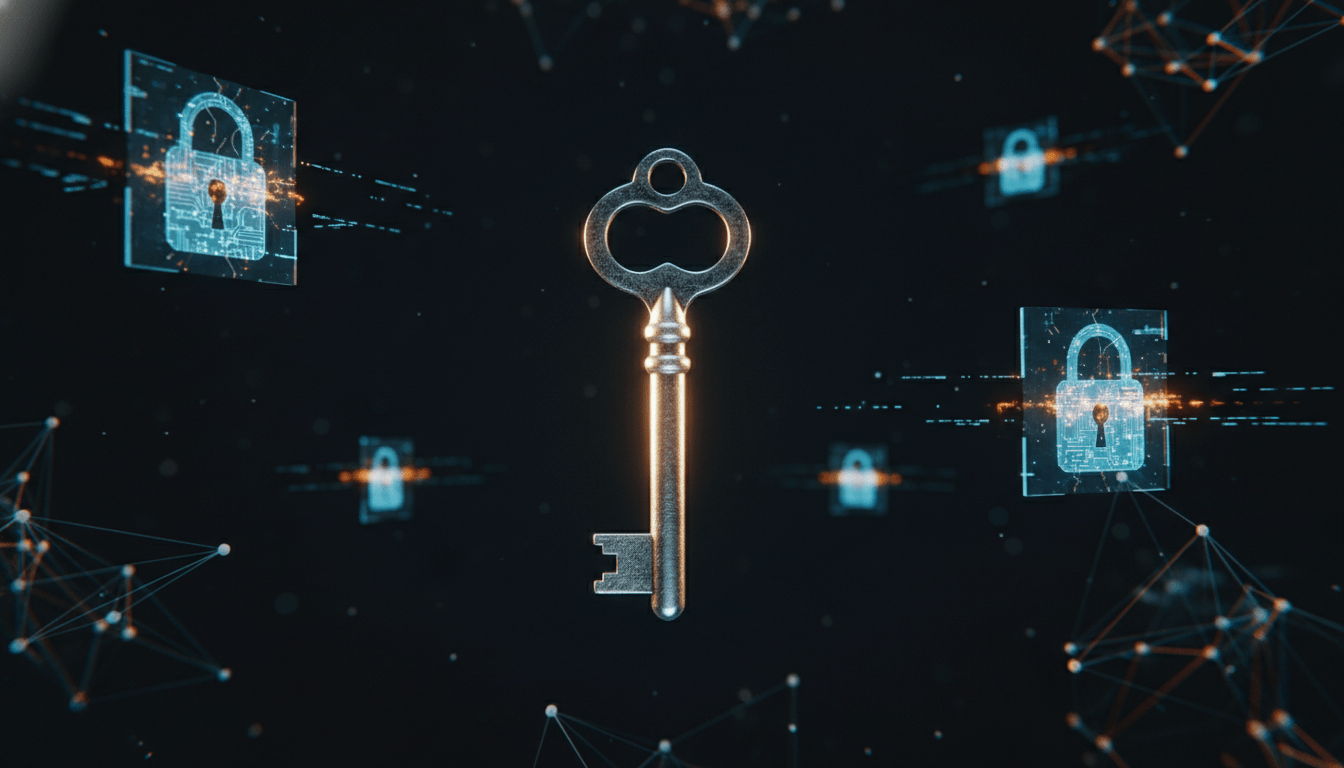 Concepto visual de seguridad digital y riesgo de hackeo con una llave maestra y nodos de red