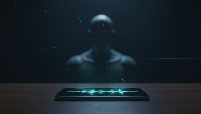 Smartphone con onda de audio digital representando suplantación de identidad mediante inteligencia artificial