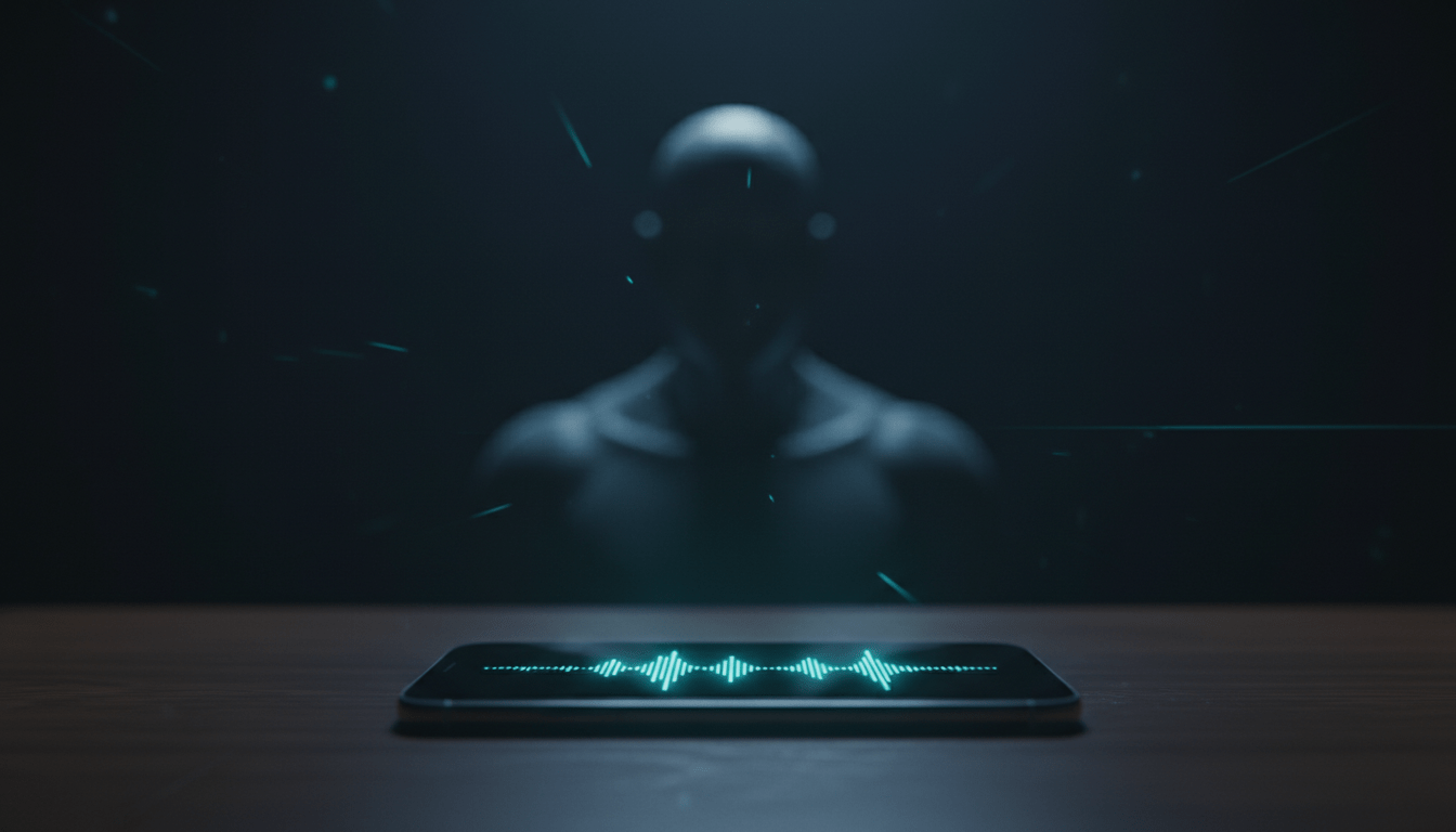 Smartphone con onda de audio digital representando suplantación de identidad mediante inteligencia artificial